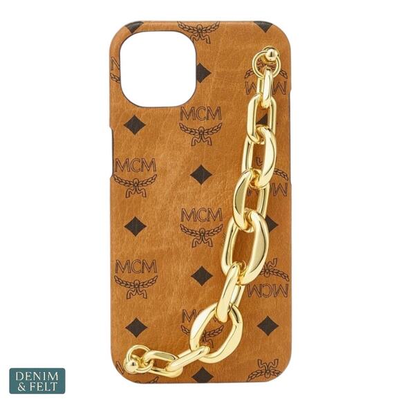 MCM Visetos iPhone 13 Pro Case Cognac with Gold Chain Handle - NEW/NIB - Picture 1 of 7